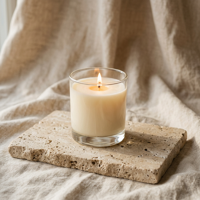 Vela ARÉAH clásica en vaso de vidrio sobre piedra natural con luz cálida