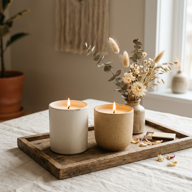 Set de dos velas ARÉAH en recipientes de cerámica sobre bandeja de madera con flores secas