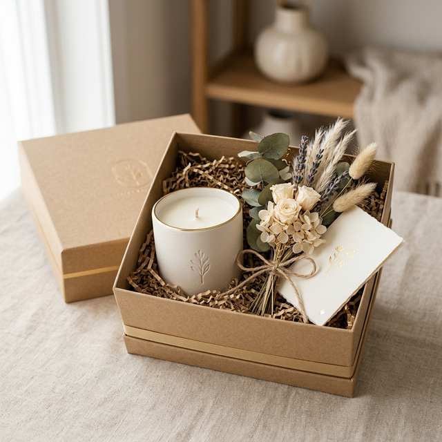 Kit de regalo ARÉAH premium con vela, flores secas y tarjeta en caja kraft con detalles dorados