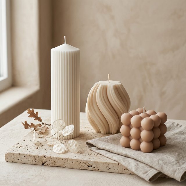 Velas de molde decorativas ARÉAH en formas de cilindro, espiral y esfera en tonos blanco y nude sobre piedra travertino